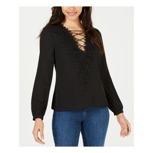 Leyden Women's Top M Lace V Neck Lace Trim Pullover Blouse Black M